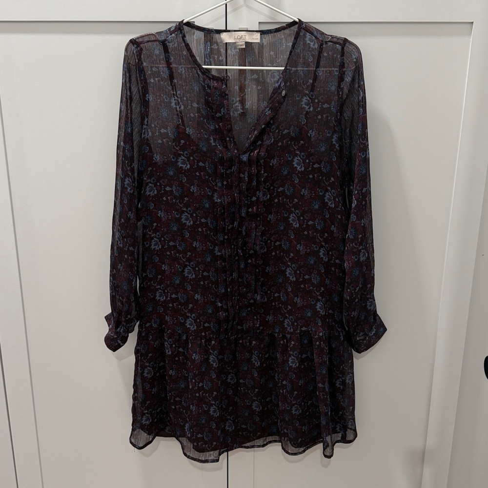 LOFT PETITE Long Sleeve Dress- Dark Purple and Blue
